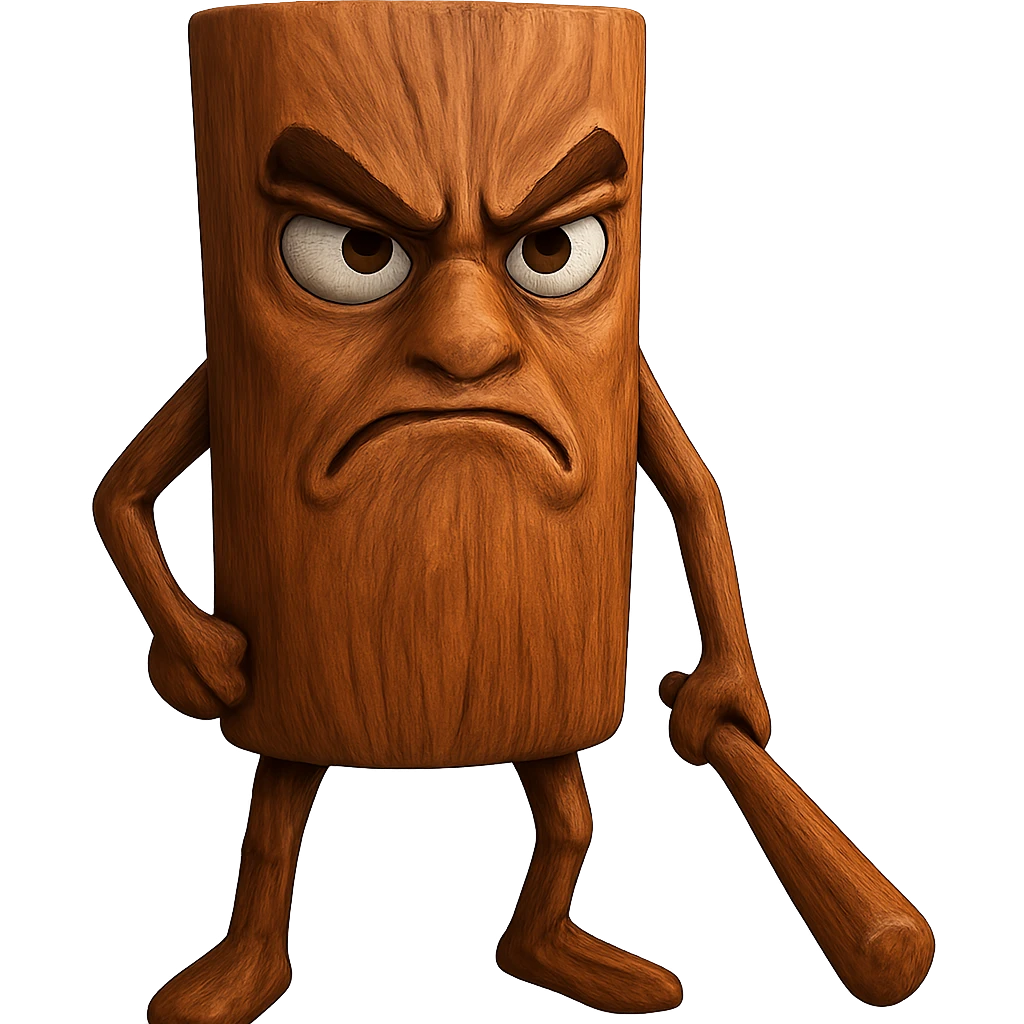 Create an angry expression for a cinnamon stick character. The character should have furrowed brows and a scowling mouth to show anger, with a transparent background. emoji