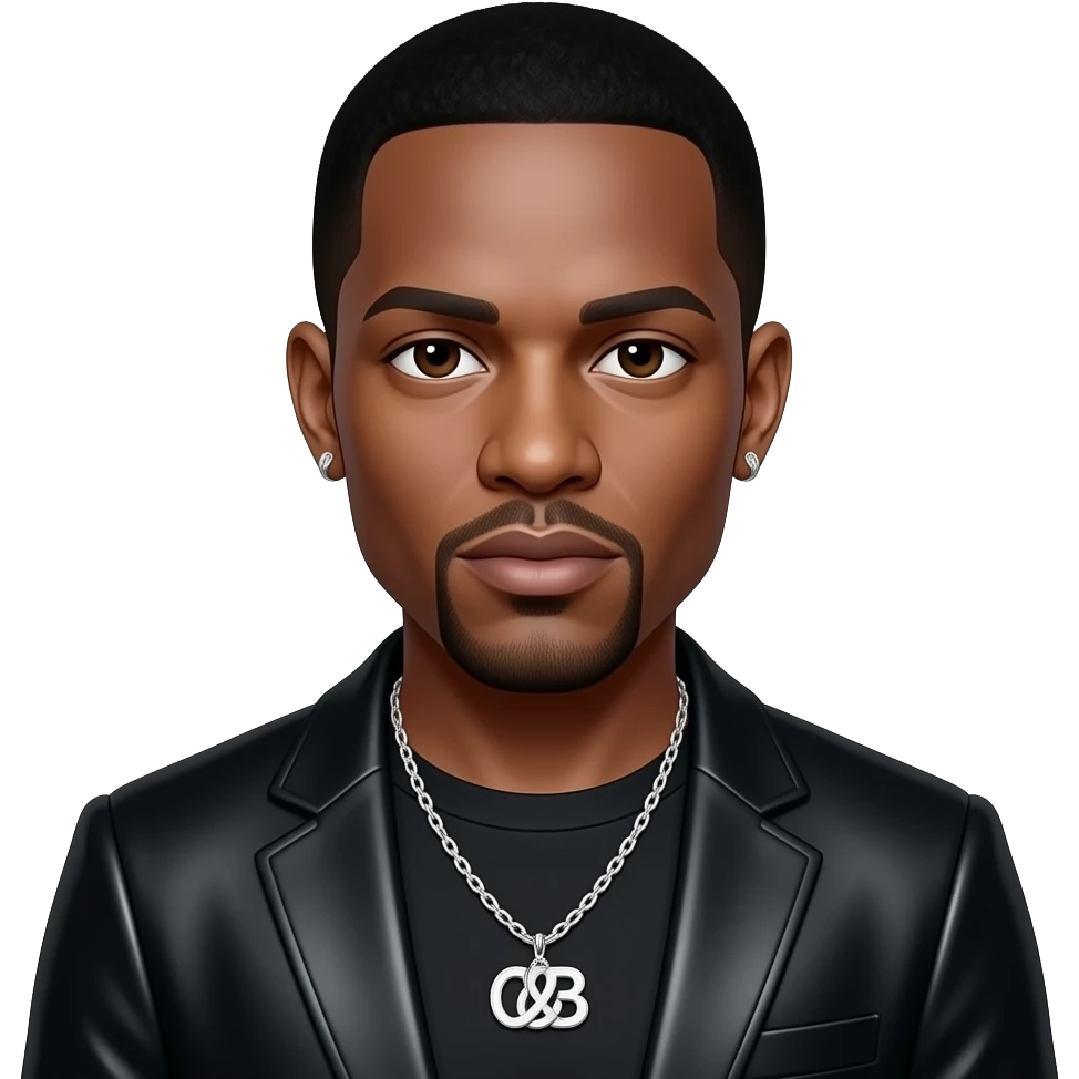 R. Kelly with dark brown eyes, black hair, black metallic R&B outfit, necklace and earrings emoji