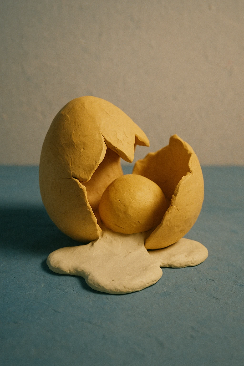 A golden broken egg in claymation style, matte texture with visible fingerprints, pastel colors. emoji