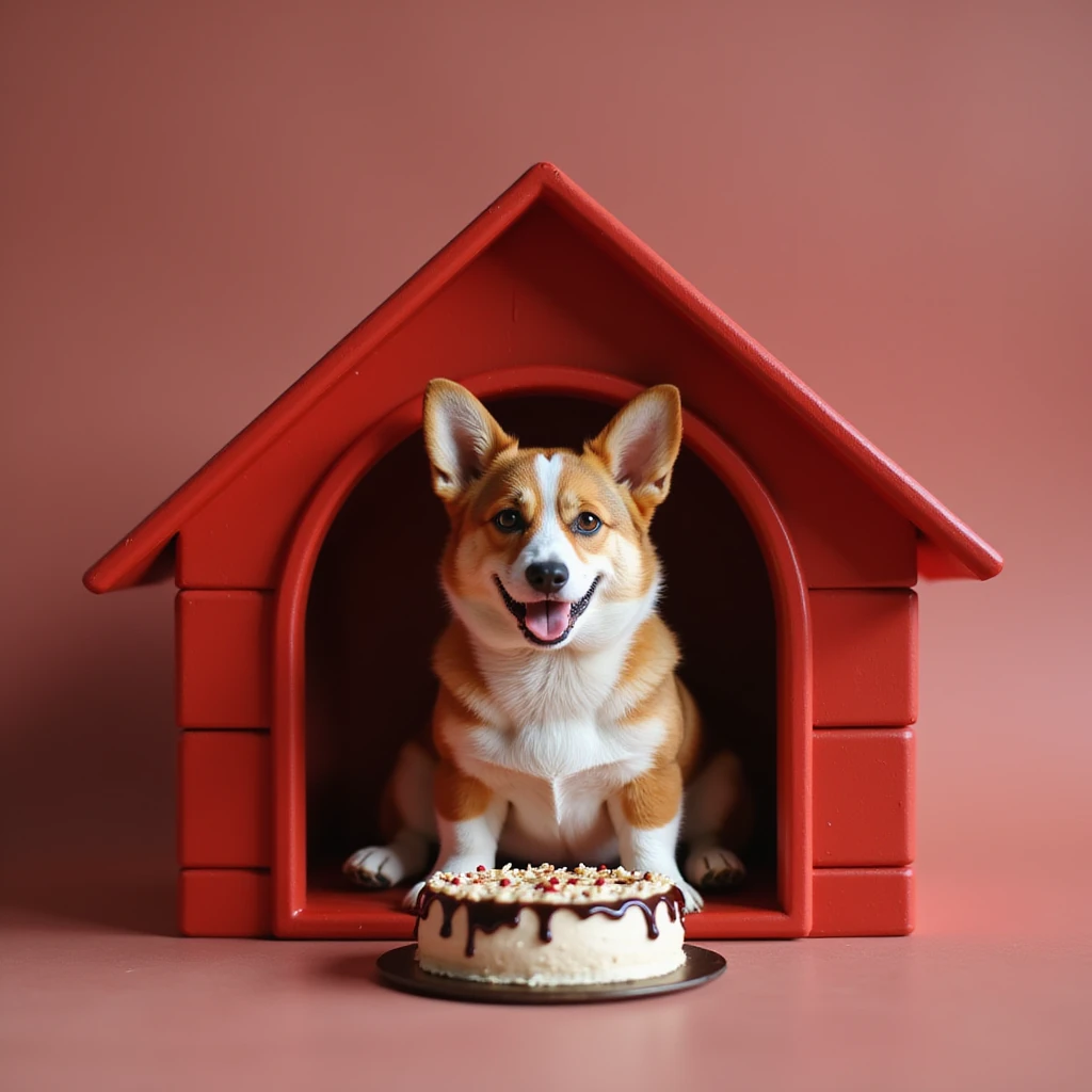 realistic red dog house with a Corgi dog inside, Corgi with a birthday cake, photorealistic style emoji