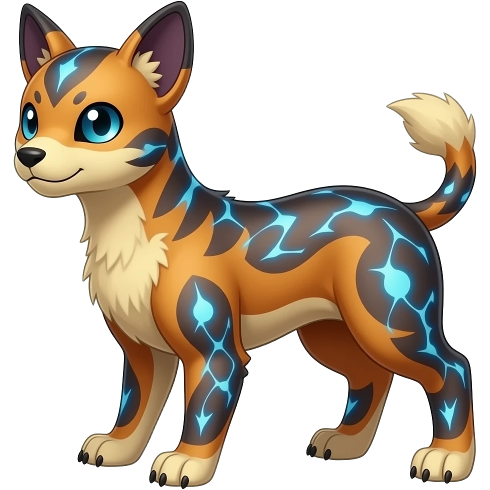 Digitigrade elemental realistic pretty elegant sleek shiny patterned quadrupedal Randomly patterned Shinx-Pyroar-Houndour-Arcanine-Electrike-animal-hybrid, full body, short fluffy tuft nub-tail emoji