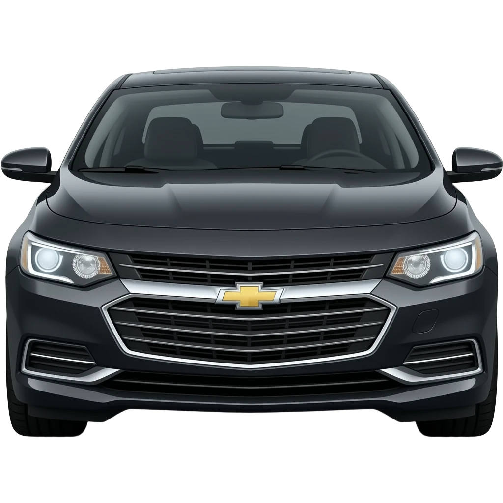 A realistic, high-detail photograph of a glossy black Chevrolet Malibu 2 Turbo Premier sedan with tinted windows, featuring deep-glowing, intensely illuminated headlights on the front and black alloy rims. emoji