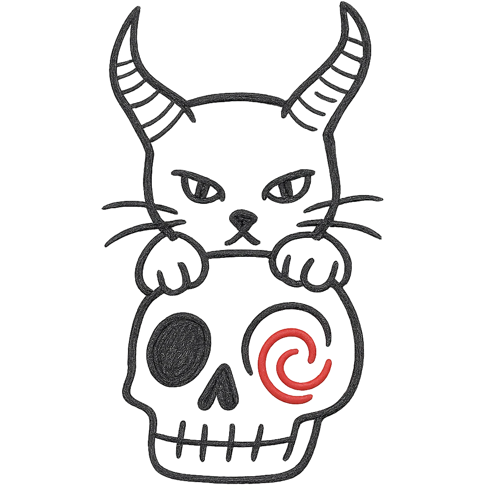 Add a black cat with large demon horns, front paws resting on the skull, hand drawn style with bold lines, no fill, preserve the red spiral on the cheek, transparent background. emoji