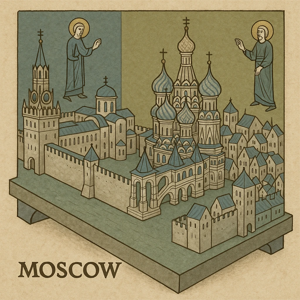 Изометричная миниатюрная 3D модель Москвы на подставке - фотореалистичный Кремль, собор Василия Блаженного, Сити, аккуратная детализация, яркие цвета мультяшный реализм, компактная композиция,  вид сверху в изометрии emoji