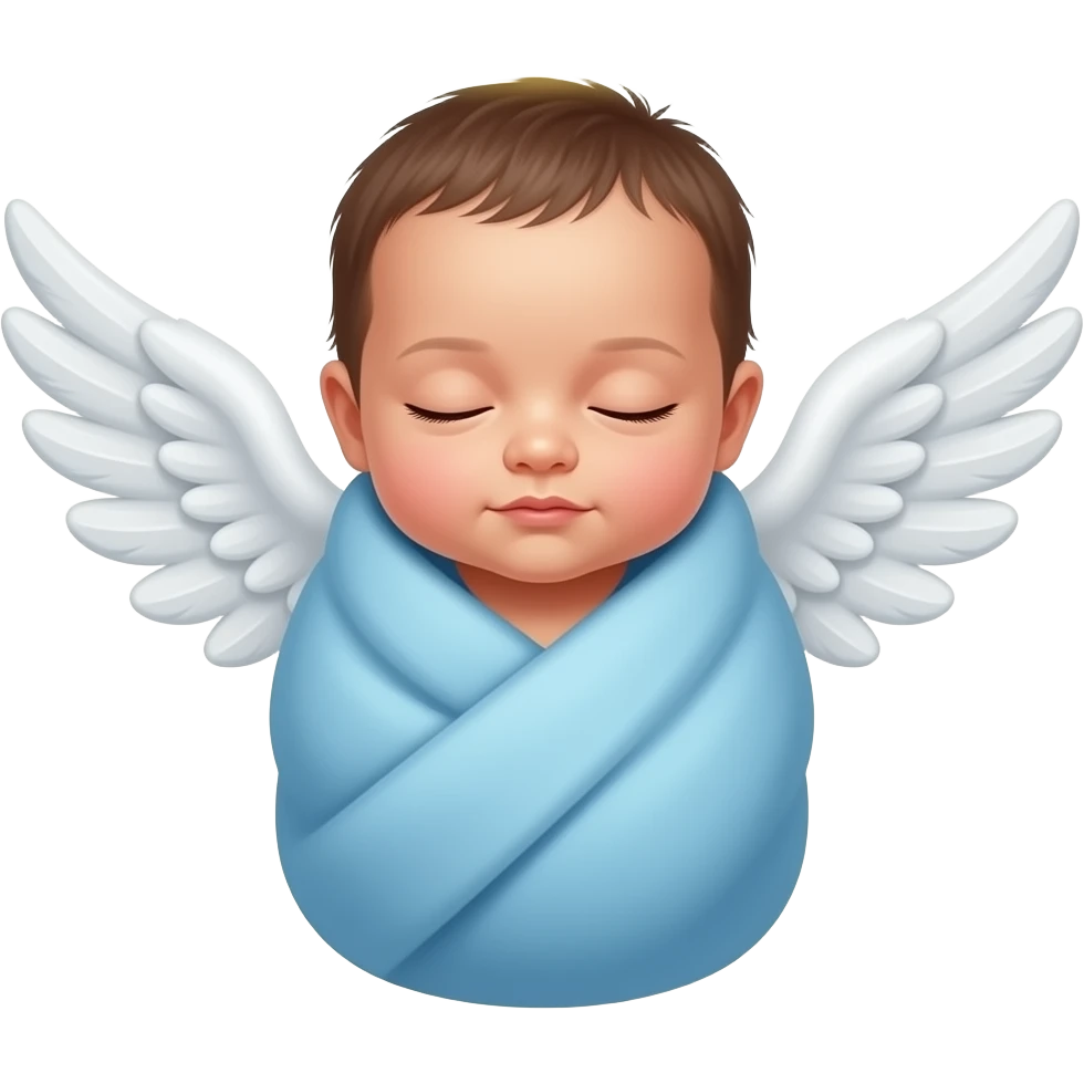 a little newborn baby wrapped in blue blanket with his eyes closed with angel wings and halo emoji