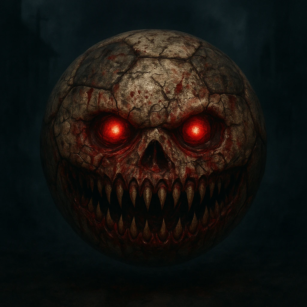 A disturbing football emoji with horror elements, referencing Silent Hill and Resident Evil, evoking a terrifying, scary, first-person shooter atmosphere. emoji