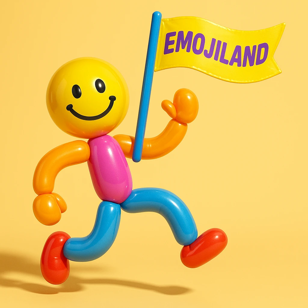 happy runner waving a flag that says 'emojiland' emoji