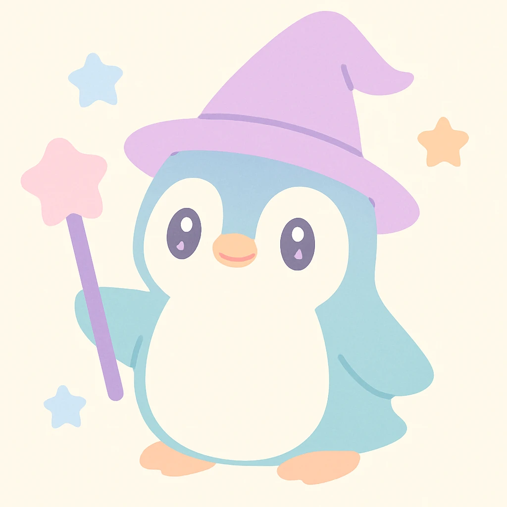 penguin wizard, magical staff, wearing a pointed hat, fantasy, vibrant colors, cute whimsical style emoji