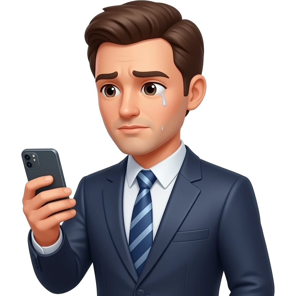 hombre,con traje,tiene celular en mano,prestando atencion en su celular,en el rostro se refleja un poco de agotamiento emoji