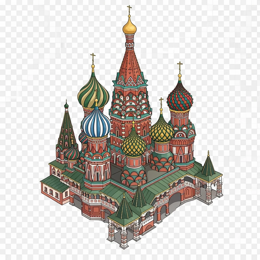 Isometric illustration of photorealistic Saint Basil's Cathedral with colorful onion domes, hand-drawn painterly details transparent background emoji