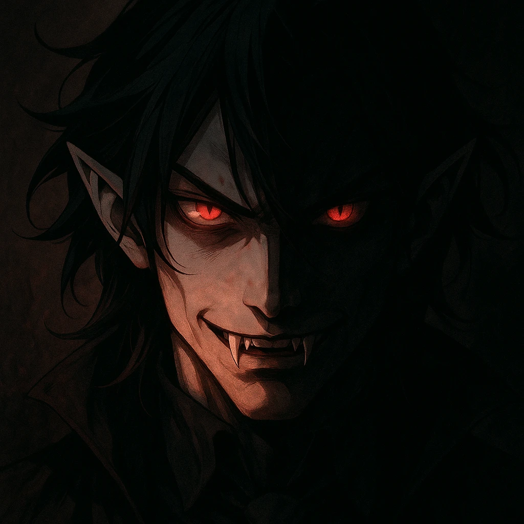 anime vampire face, glowing red eyes, half of face in darkness, sinister look emoji