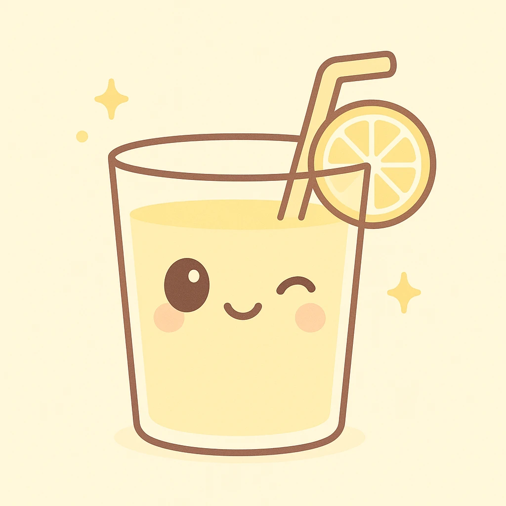 kawaii style lemonade glass with a winking face, lemon slice, and pastel yellow tones emoji