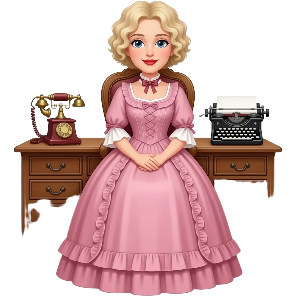 short blonde curly pixie bob hair in a 1800 pink dress in an antique desk, antique phone, and antique typewriter with red lipstick emoji