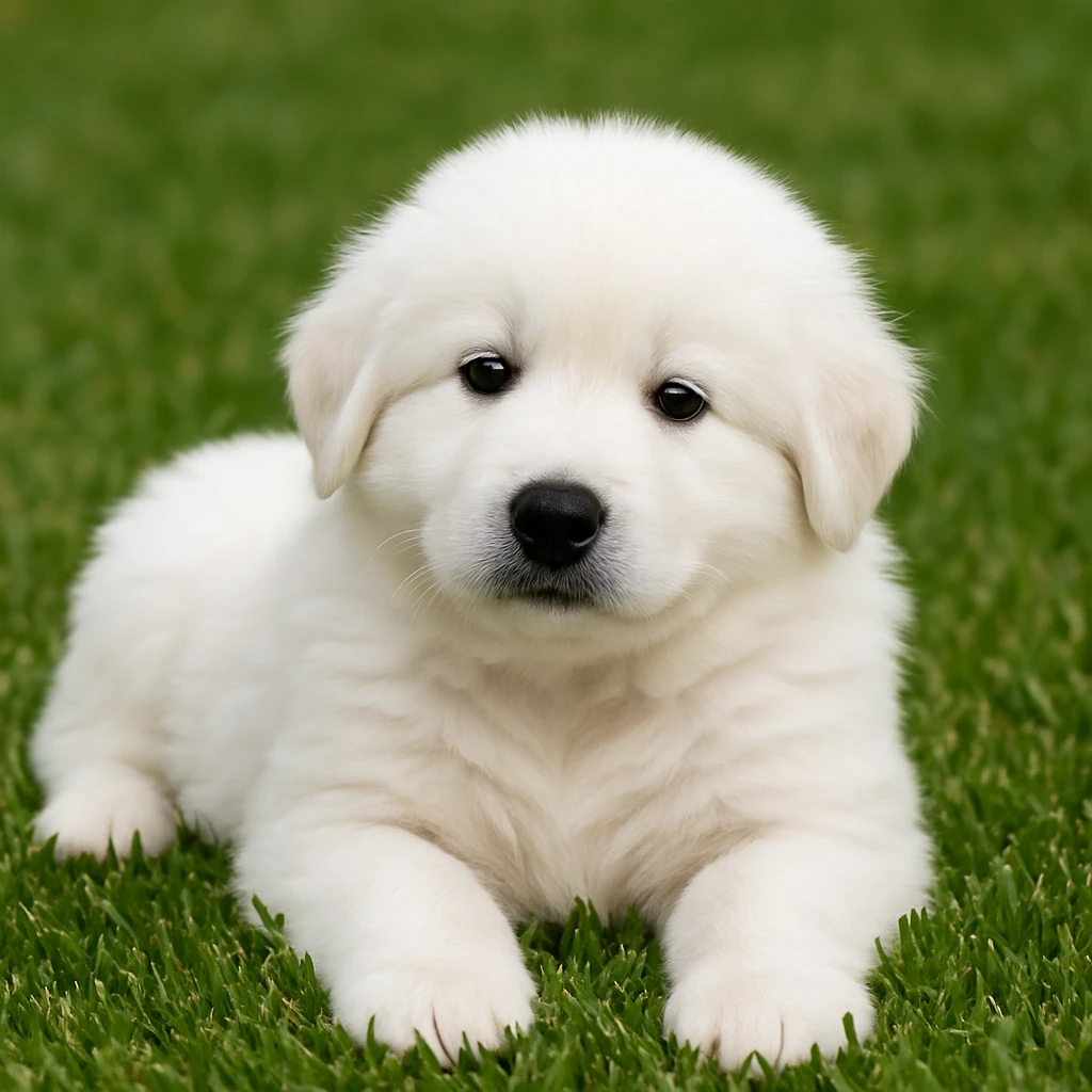 an adorable Great Pyrenees puppy lying on grass, pure white fluffy coat, dark eyes and nose, very young with a sweet innocent puppy face, relaxed position on a well-maintained lawn, the puppy is nodding emoji