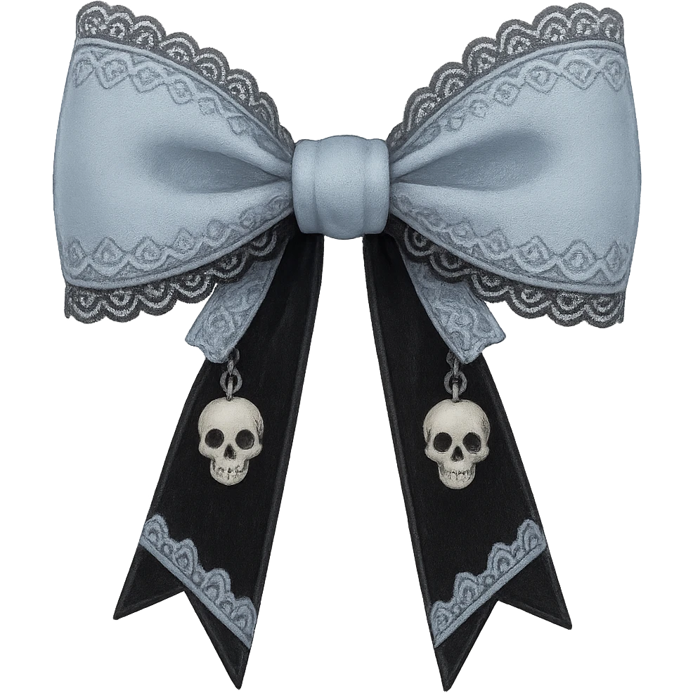 Create a pastel blue gothic bow with lace details, soft blue accents, tiny skull charms, and black velvet ribbons. The image should have no background and be in a general style. emoji