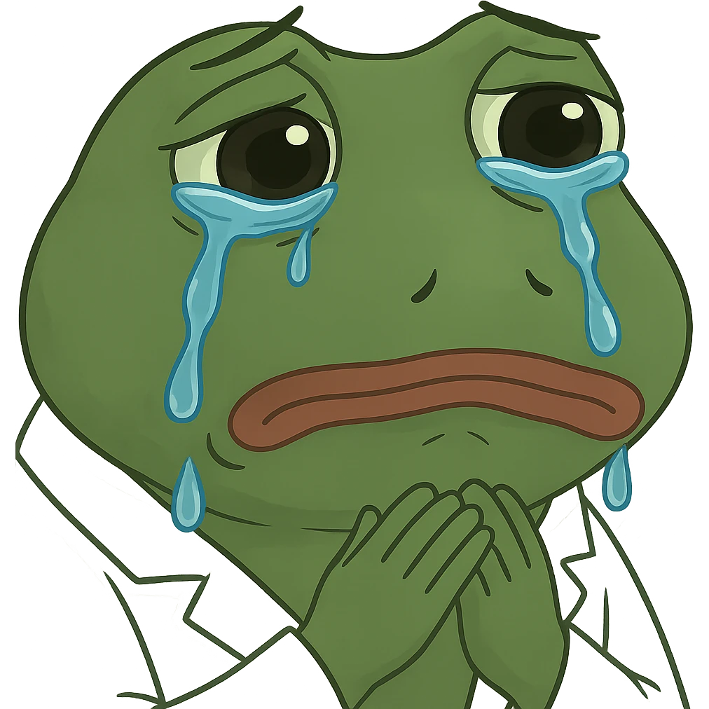 Add visible tears to the bufo frog doctor with a white coat, teary sad eyes, direct gaze, no background. Maintain the bufo frog style and emphasize the tears and sadness in the eyes clearly. emoji