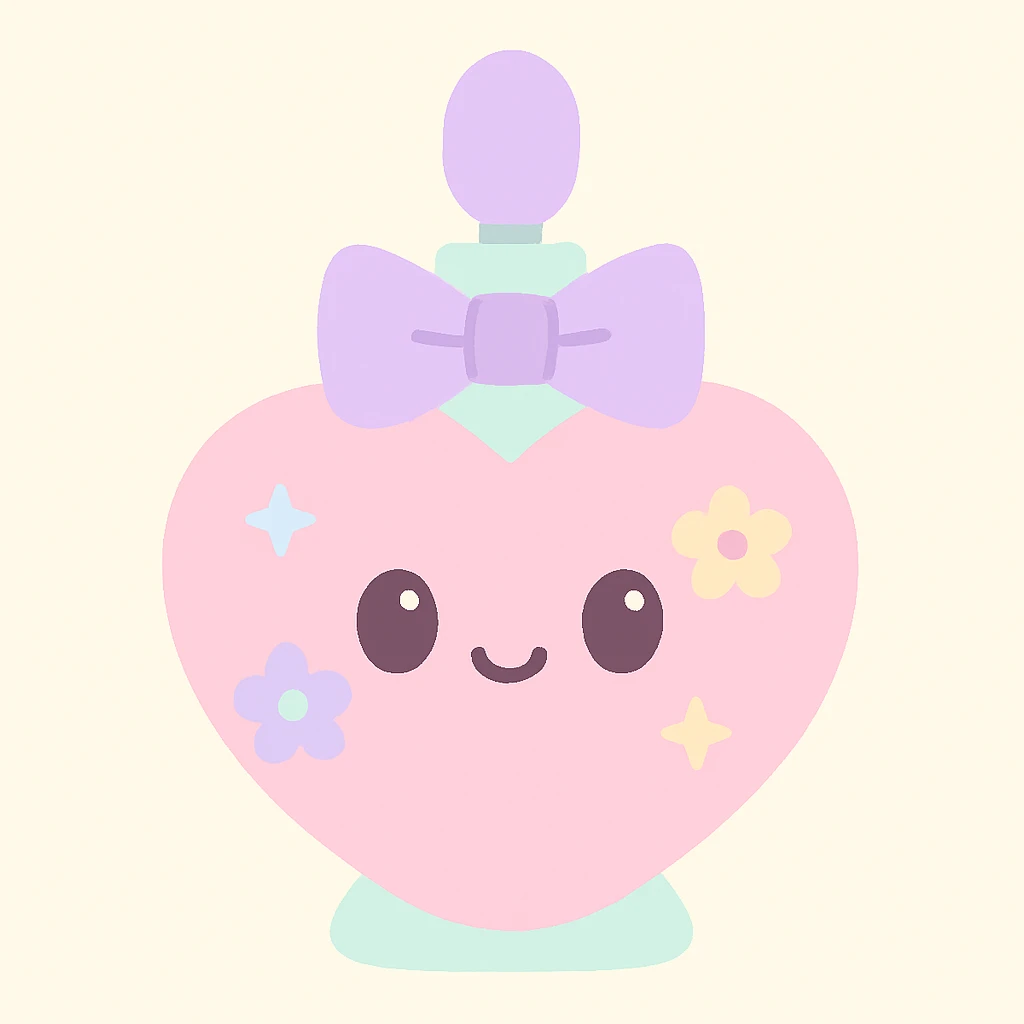 a stylized perfume bottle shaped like a heart, with a bow and floral decorations, radiating a lovely, girly vibe emoji
