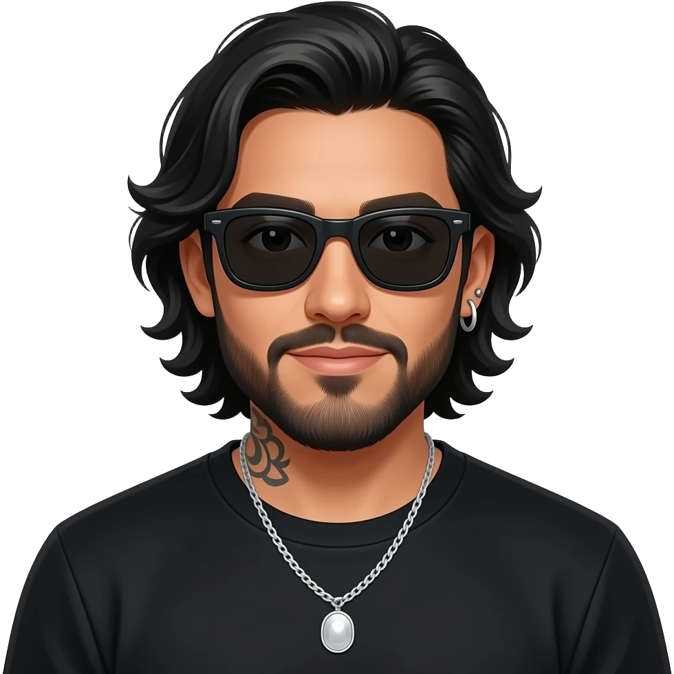 handsome, manly Latino podcast host with black colored eyes wearing black with silver jewelry, with medium length hair, a very long, lightly graying beard and tattoos, his ear and nose pierced, dark sunglasses. He feels loved emoji