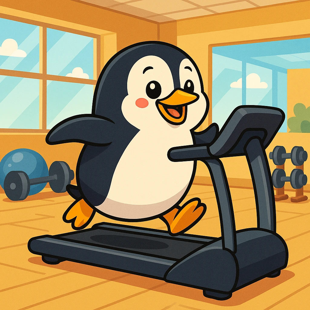 A penguin running on the treadmill emoji