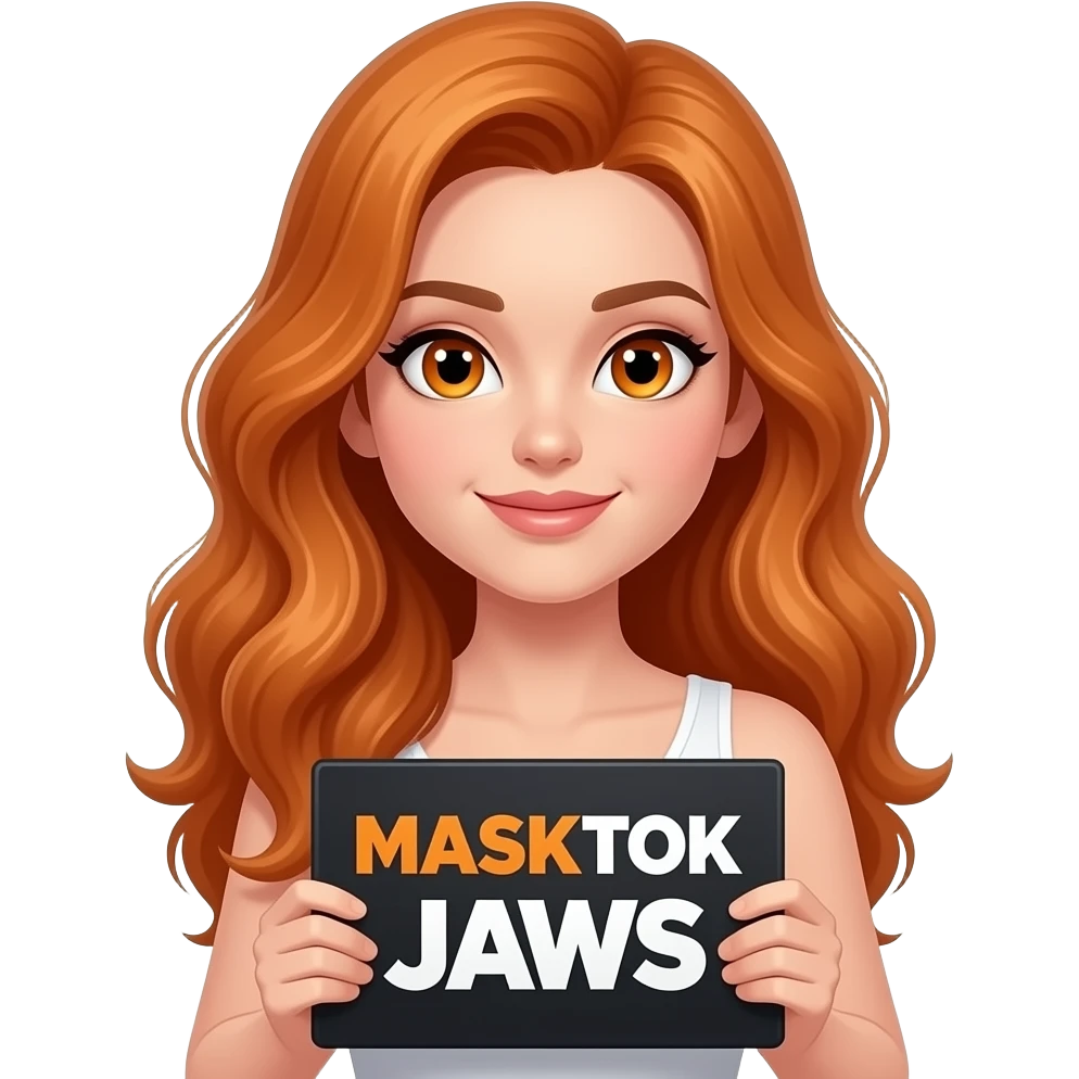 sexy girl with long wavy ginger hair and ginger eyes wearing a white tanktop is holding a black colored sign with MASKTOK JAWS written on it emoji