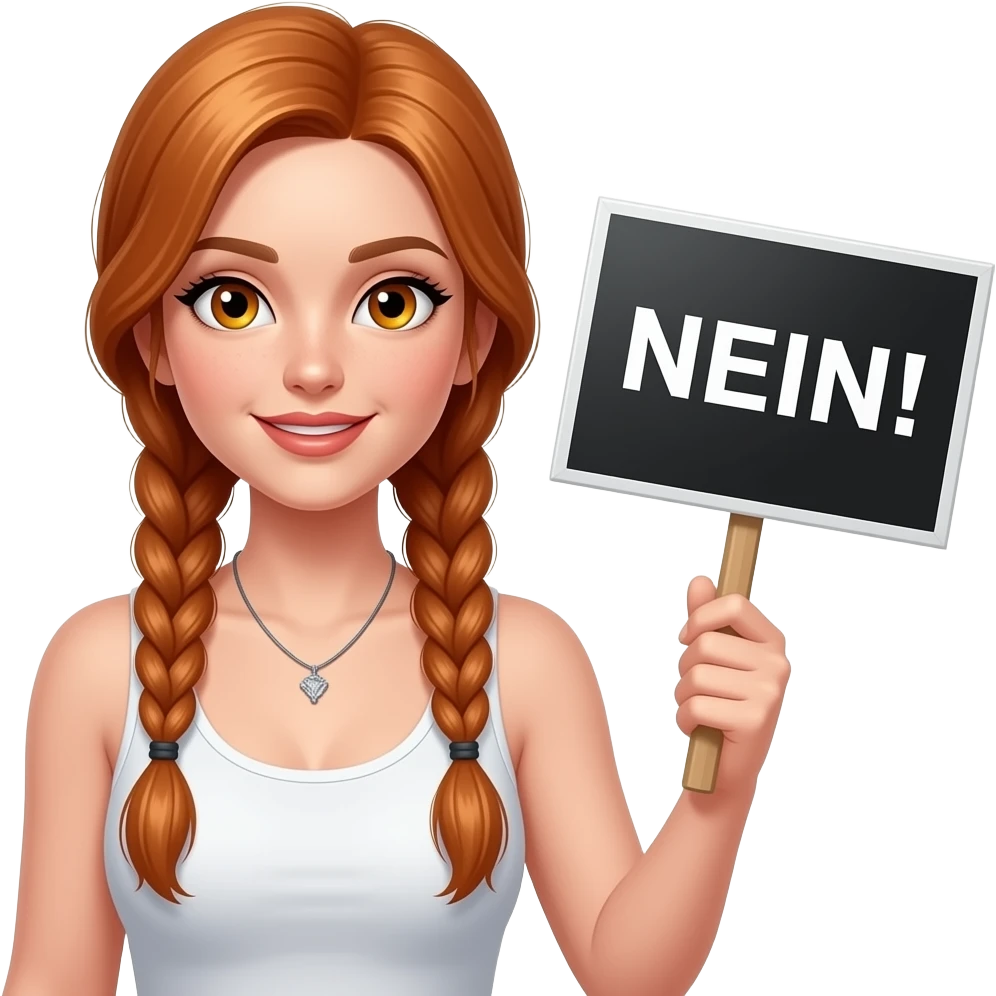 sexy girl with long ginger braids and ginger eyes wearing a white tanktop is holding a black sign with NEIN! written on it emoji