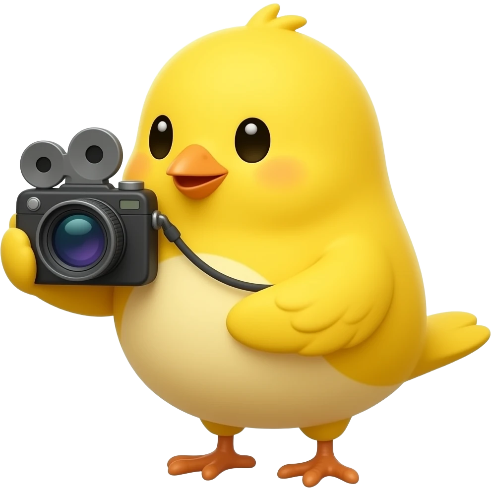 lovable small yellow bird holding a movie camera. the image must be a transparent .png emoji