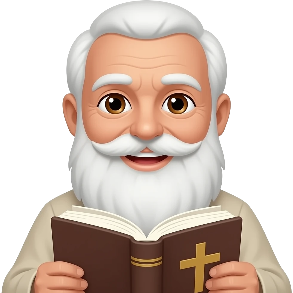 wise old man light brown skin brown eyes white beard smile with book that has a cross on it emoji