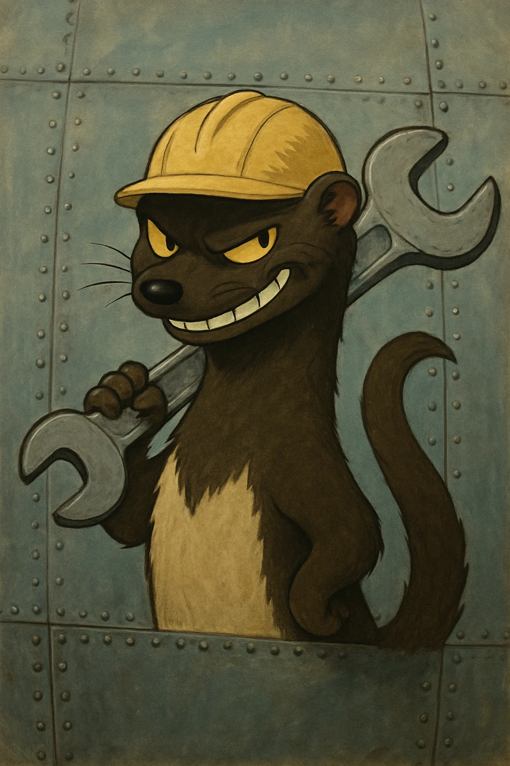 AN ANTHROPOMORPHIC WEASEL WITH A HARDHAT AND A LARGE SPANNER WRENCH - AIRPLANE FUSELAGE nose art 1940s era - he has a very VERY dark and mischevious look in his eye- grinning emoji