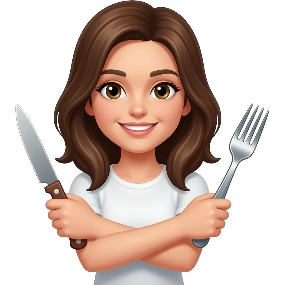 a girl with brown hair holding knofe on left arm and fork in right arm emoji