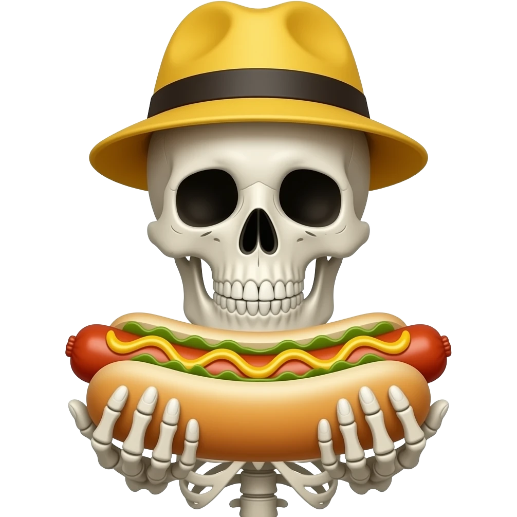 skeleton with half body face close up wear yellow hat and hold hot dog in hands emoji