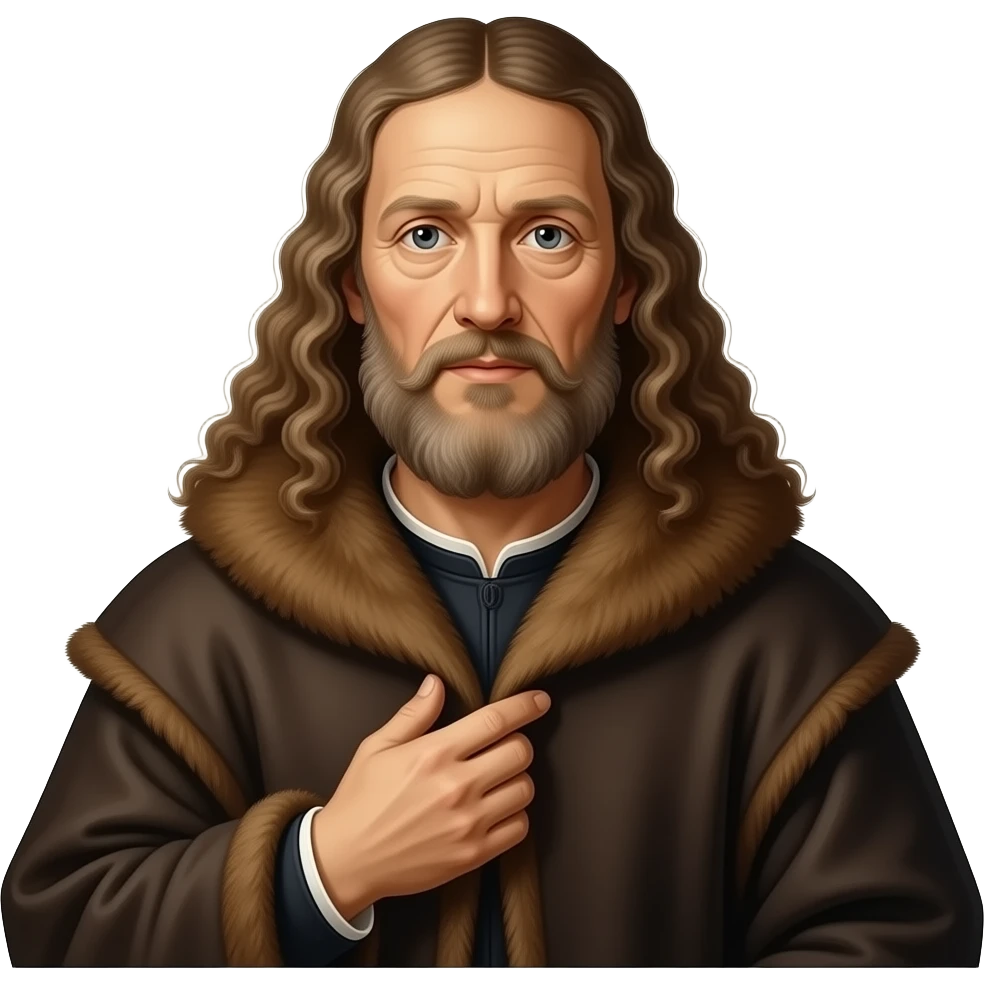 en face penetrating balanced, dried up and wrinkled Albrecht Dürer Renaissance self-portrait with very very long curly hair in a cloak with a fur collar, in Renaissance dress, holding the fur collar with his left hand - an icon of Christ Himself emoji