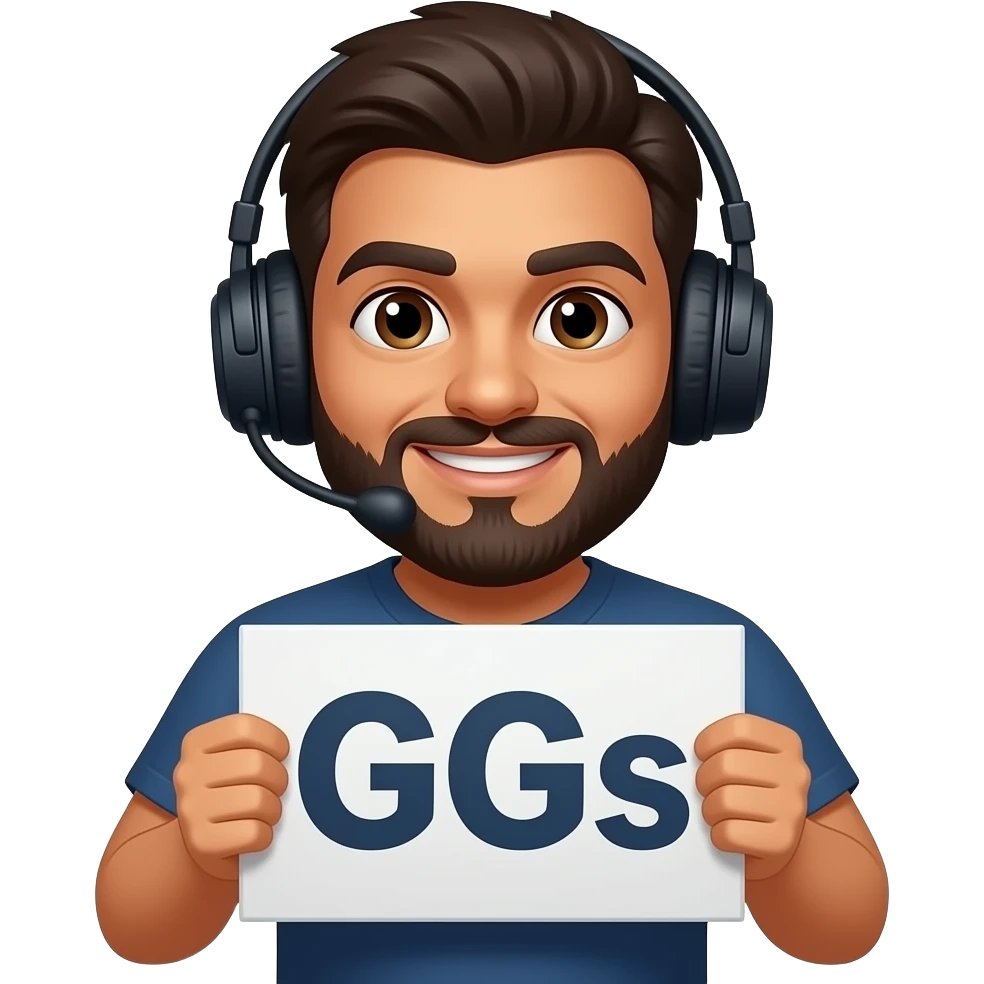 Hispanic Bearded Gamer Holding Sign that says GGs emoji