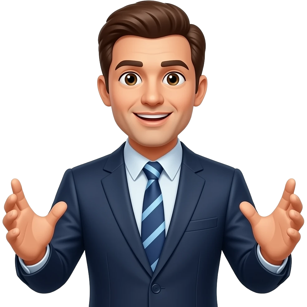 Hombre con traje,hablando a la camara,moviendo de manos emoji