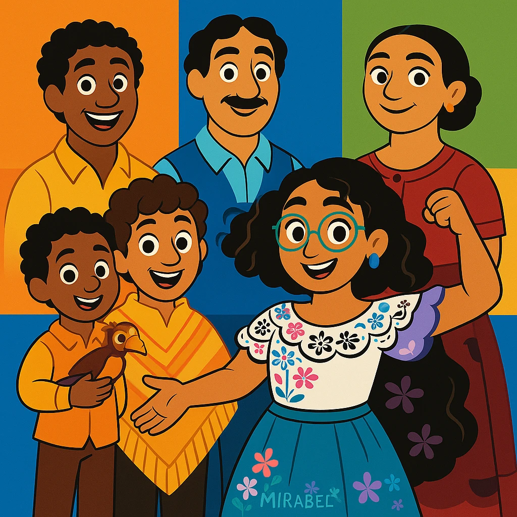 Edit the Encanto family portrait to remove Bruno, keep the rest of the family together, vibrant cartoon style, no Bruno, keep background and magical atmosphere. emoji