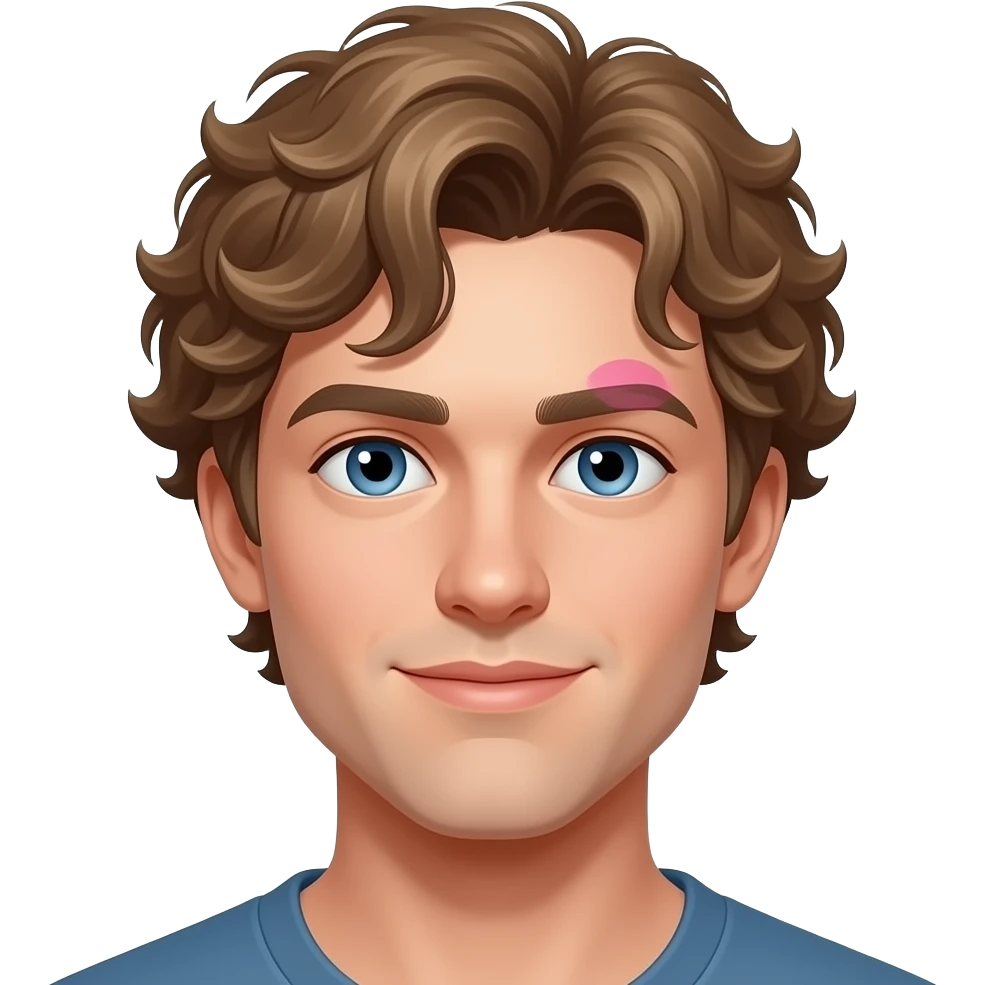 curl light brown hair guy with blue eyes and pink birth mark on the left eyebrow emoji