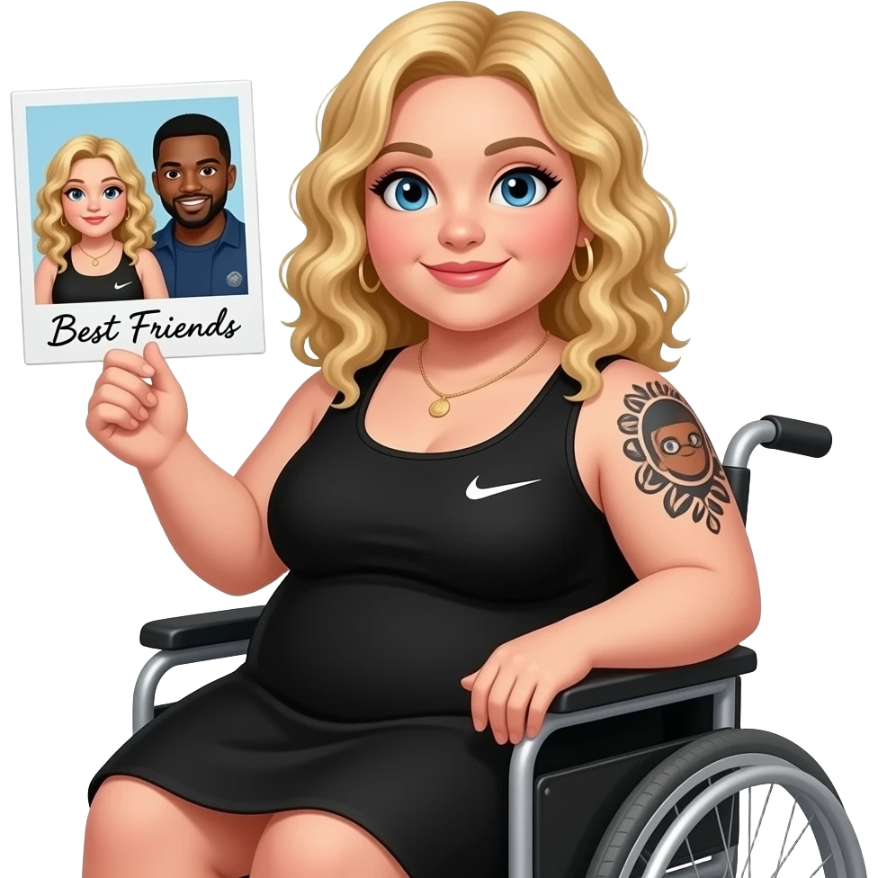 Plus size women waving in wheelchair Blonde curly hair blue eyes black tattoos on right lower arm wearing a black summer dress “Nike with logo” ”in cursive teal writing holding a Polaroid photo of herself and a African American man with black hair brown eyes saying “Best Friends” in cursive writing emoji