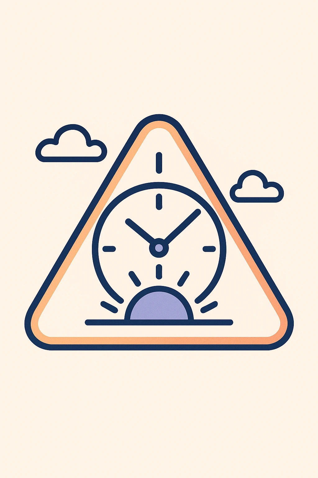 flat minimal triangle with rounded corners containing a stylized clock face showing time just after sunrise, triangle edge with soft orange gradient and cool blue accents for a tech feel, minimal and modern emoji