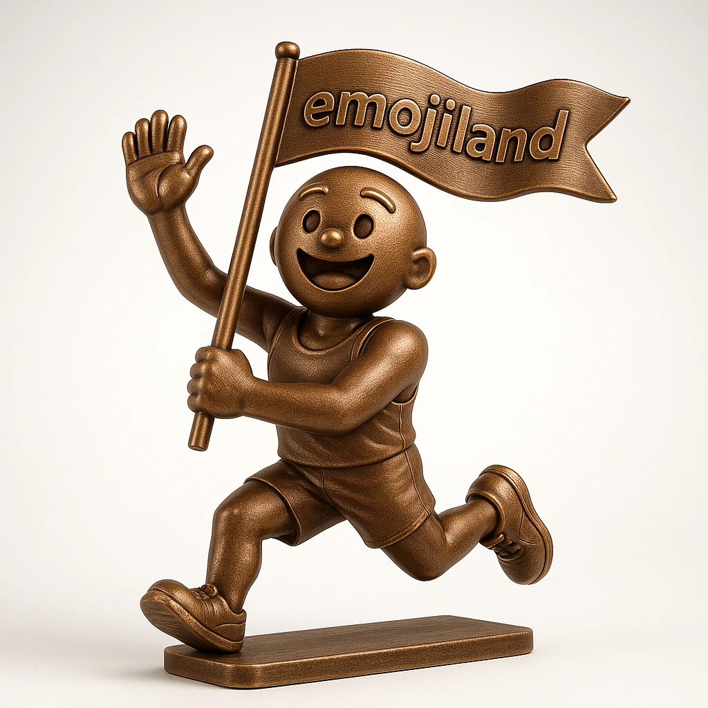 happy runner waving a flag that says 'emojiland' emoji