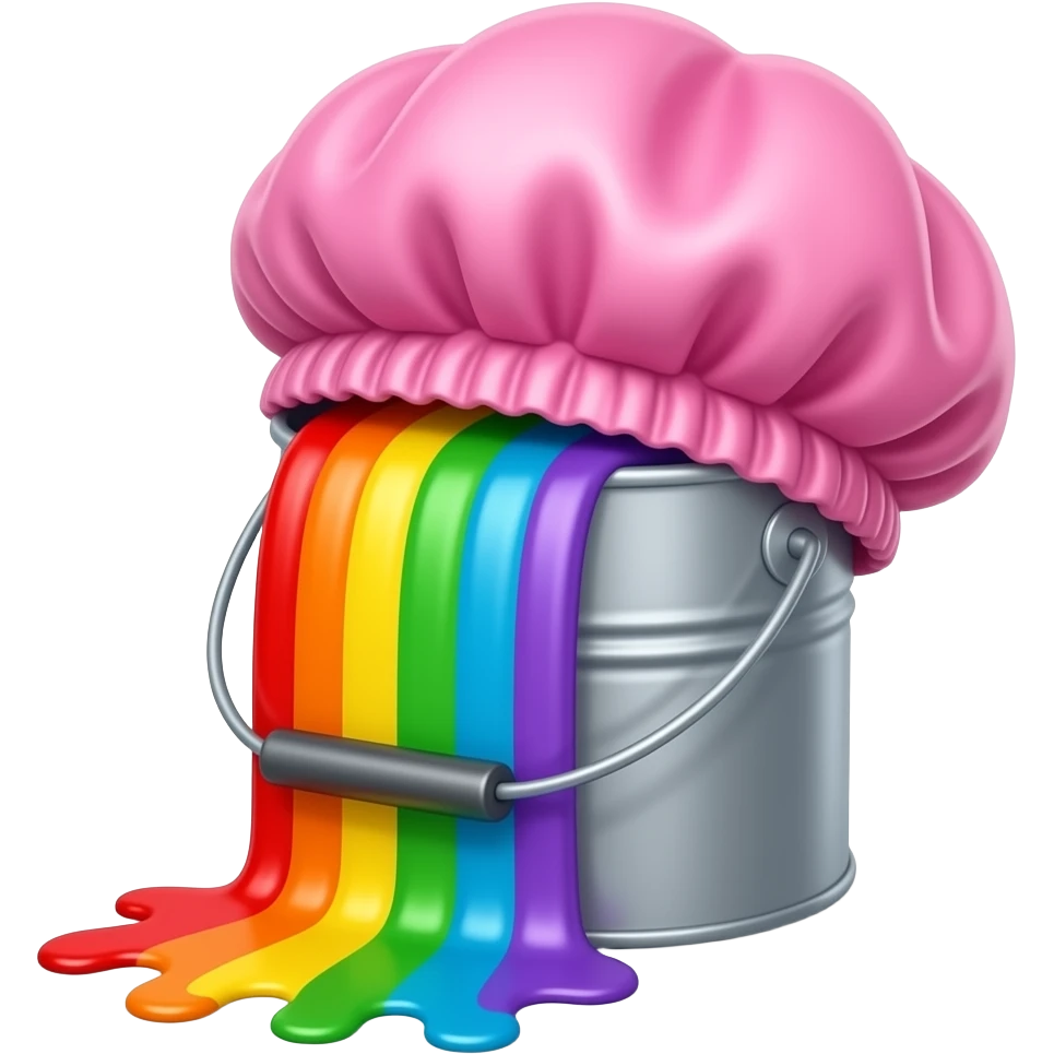 A bucket of rainbow paint pouring out of it. With a satin hair bonnet on top of the bucket. emoji