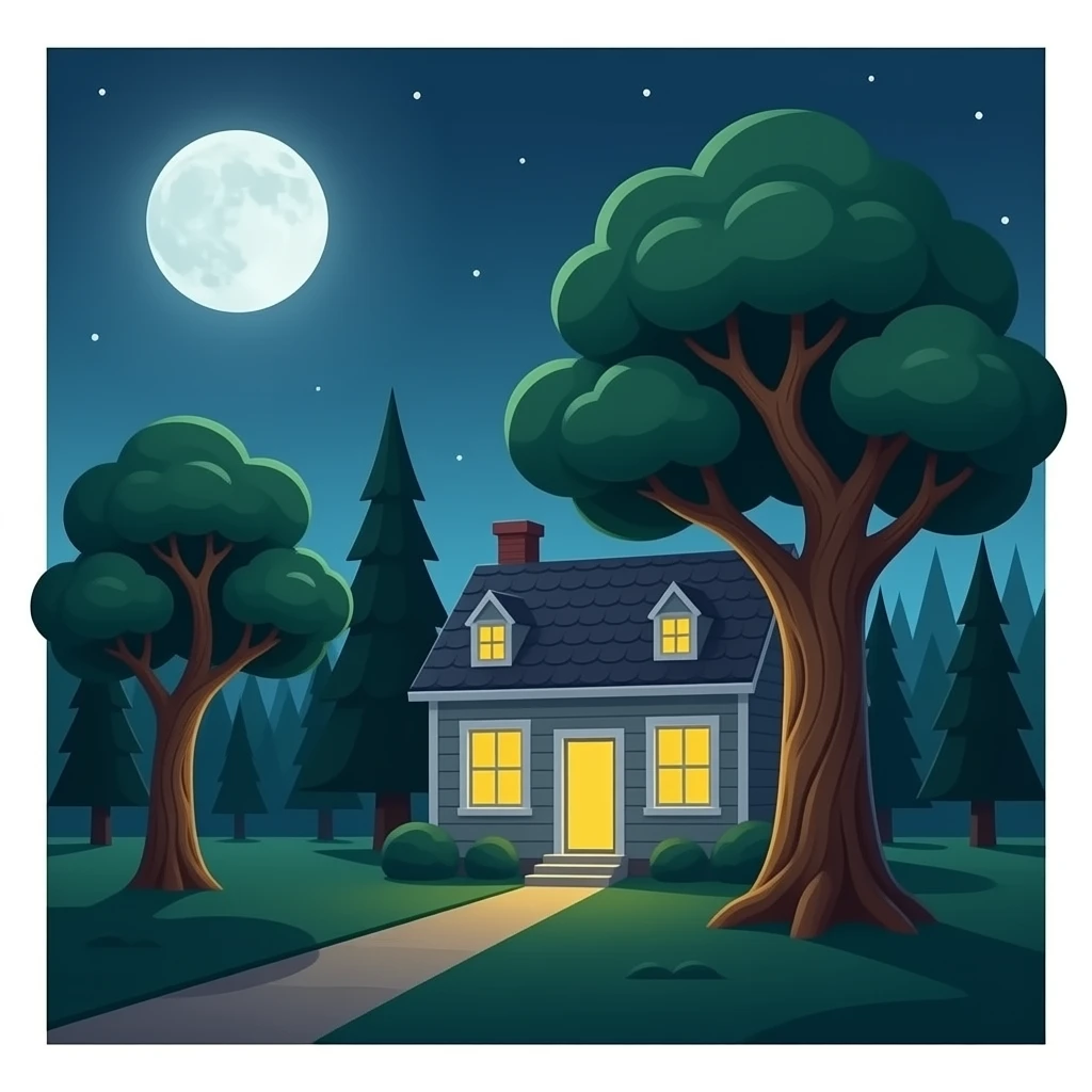 une maison avec des arbres étranges il fait sombre emoji