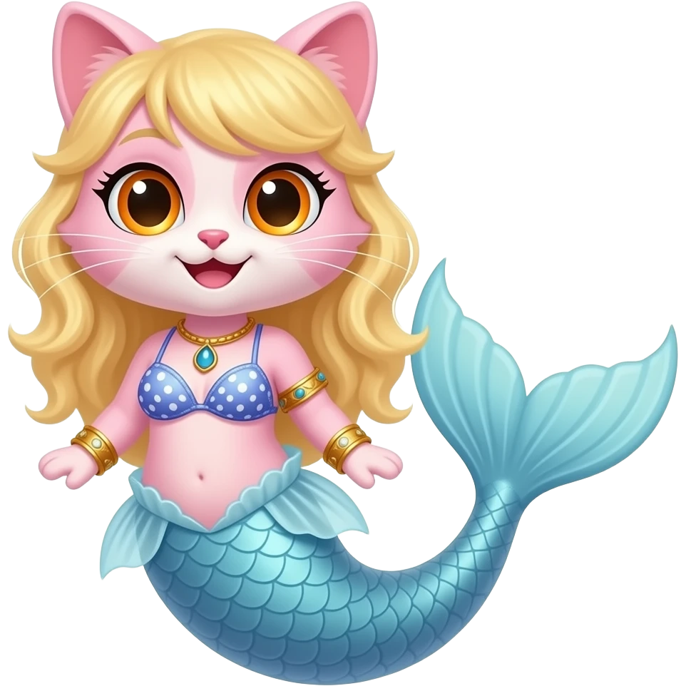 a light pink cat with orange eye blue eye smile  #E37383 hair golden bracelets #FFB6C1 top bikini #FF69B4 mermaid tail with #F8C8DC tail fins emoji