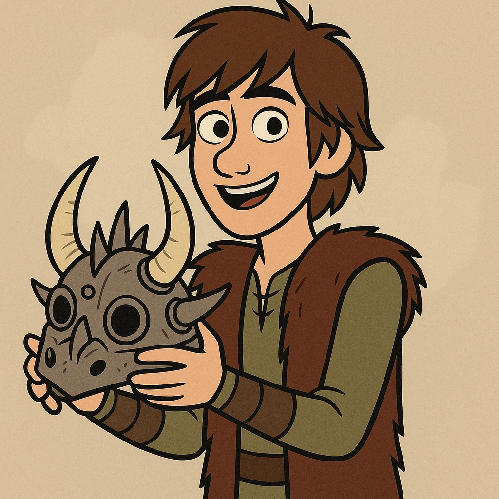 The main character from How to Train Your Dragon, a young Viking boy with brown hair, holding a dragon helmet, smiling, animated style emoji