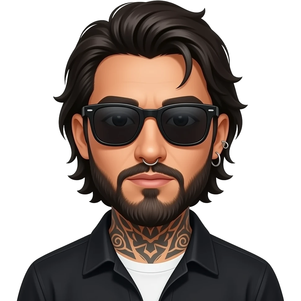 A handsome Latino man with medium length hair and long beard and tattoos with a right nose hoop and a left earring hoop wearing all black with a white undershirt and black sunglasses emoji