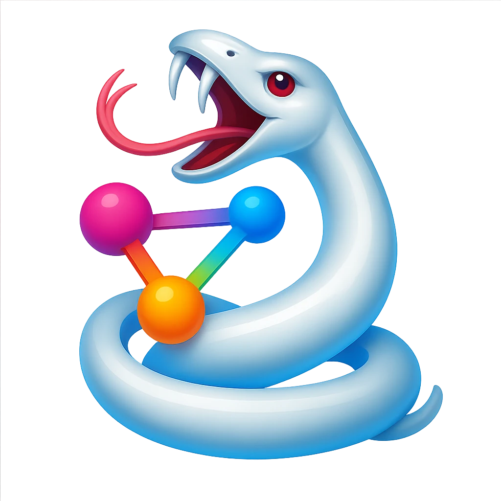 Transform the image into a 3D, colorful logo featuring a white snake intertwined with network nodes. Use vibrant colors and make it shiny and dimensional, inspired by the reference image. emoji
