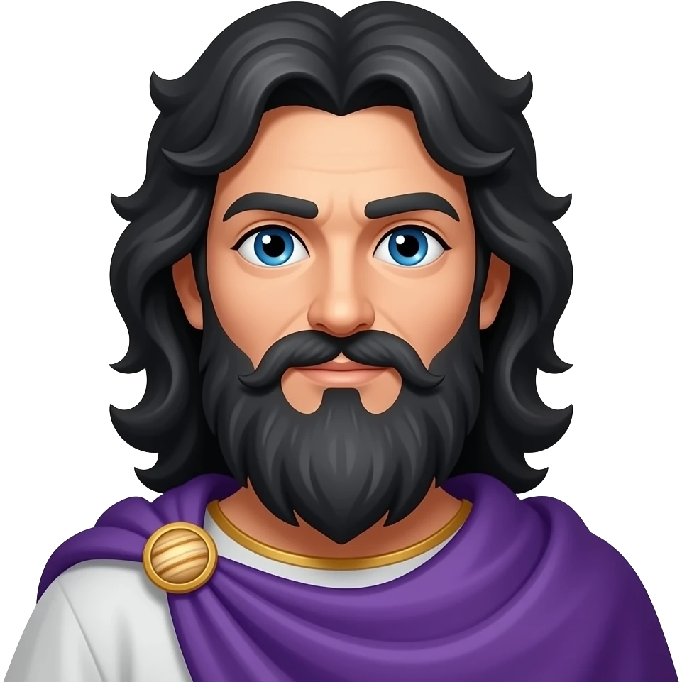 Jupiter from Roman Mythology with blue eyes, long black storm cloud hair and beard, purple cloak emoji