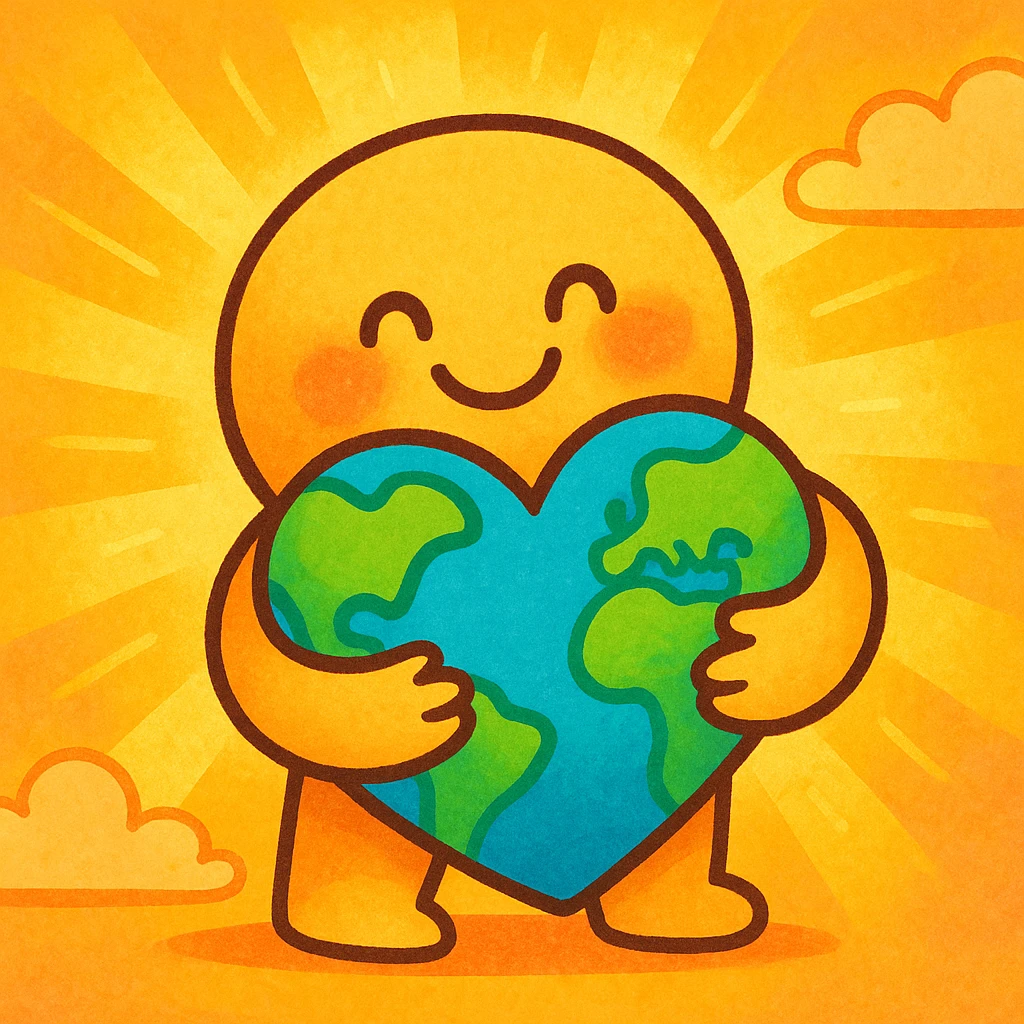 a cute figure hugging a heart-shaped globe, cheerful and warm, bright and joyful colors emoji