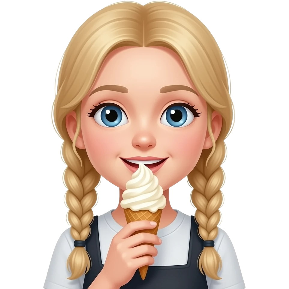 Blond girl med braids and blue eyes. She is eating an icecream. There is no background emoji