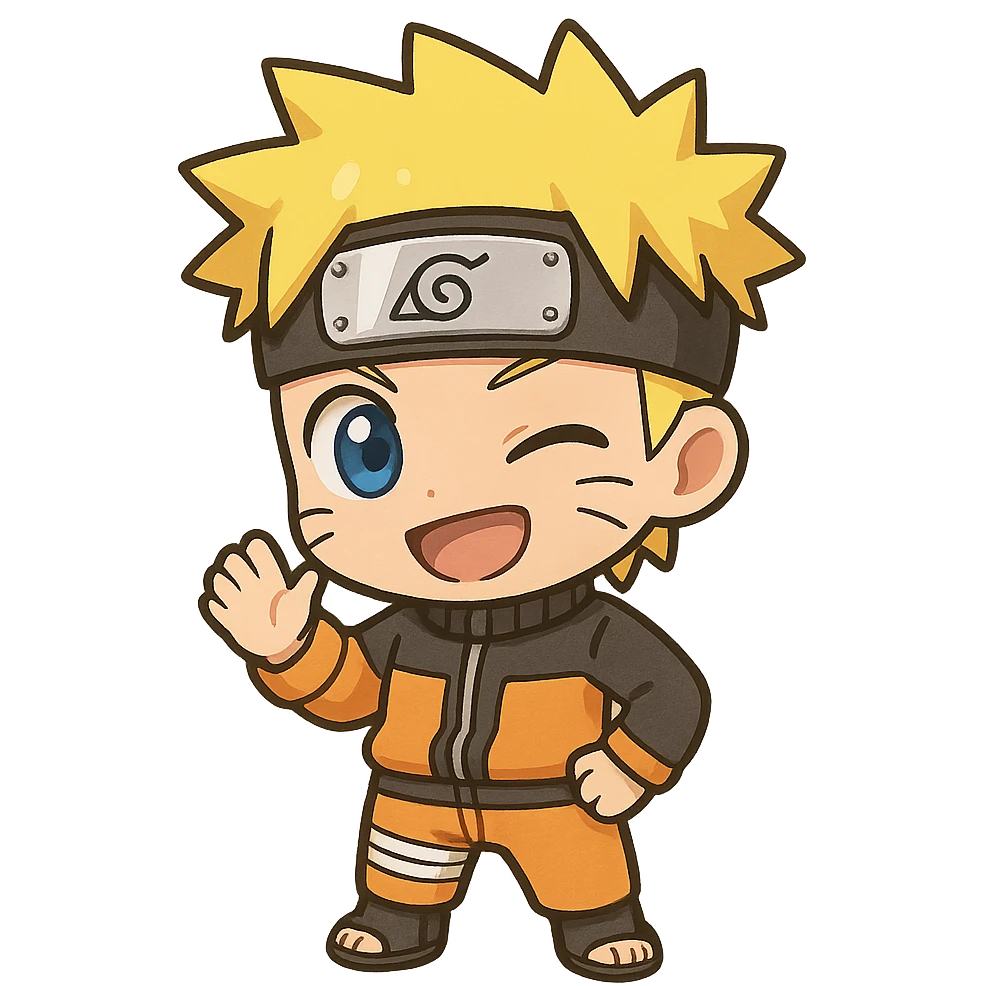 Naruto character in chibi style, big eyes, small body, orange ninja outfit, playful expression emoji