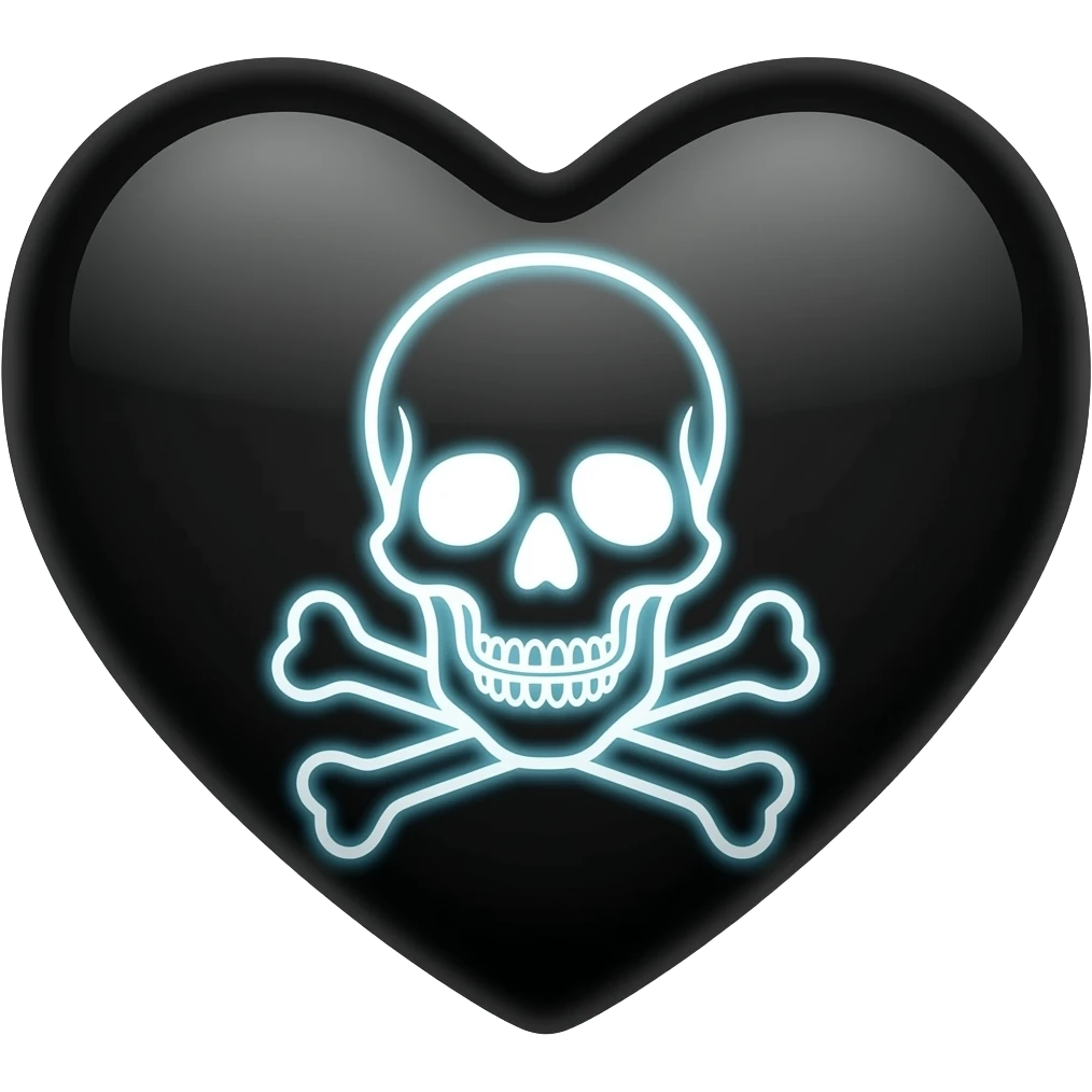 Neon skull and crossbones on black heart emoji