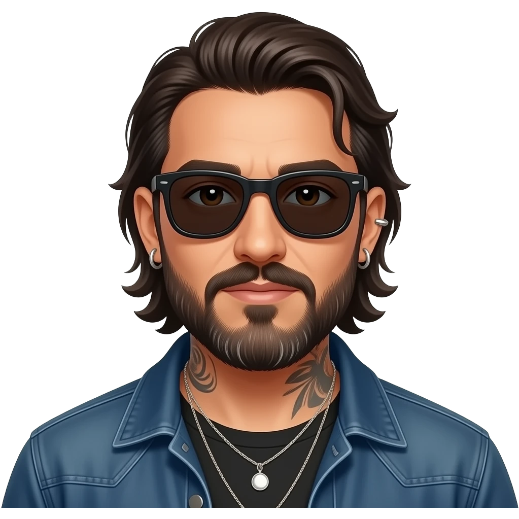 The handsome manly Latino podcast host with medium length hair, a long slightly graying beard and tattoos with his ears pierced 1 time each ear and a nose ring on the right side, dark brown eyes, wearing black, super dark sunglasses, jewelry, hanging out with his three boys emoji